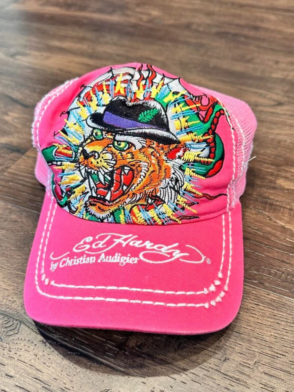 Ed Hardy Pink Cotton and Polyester Trucker Cap Embroidered Tiger Hat